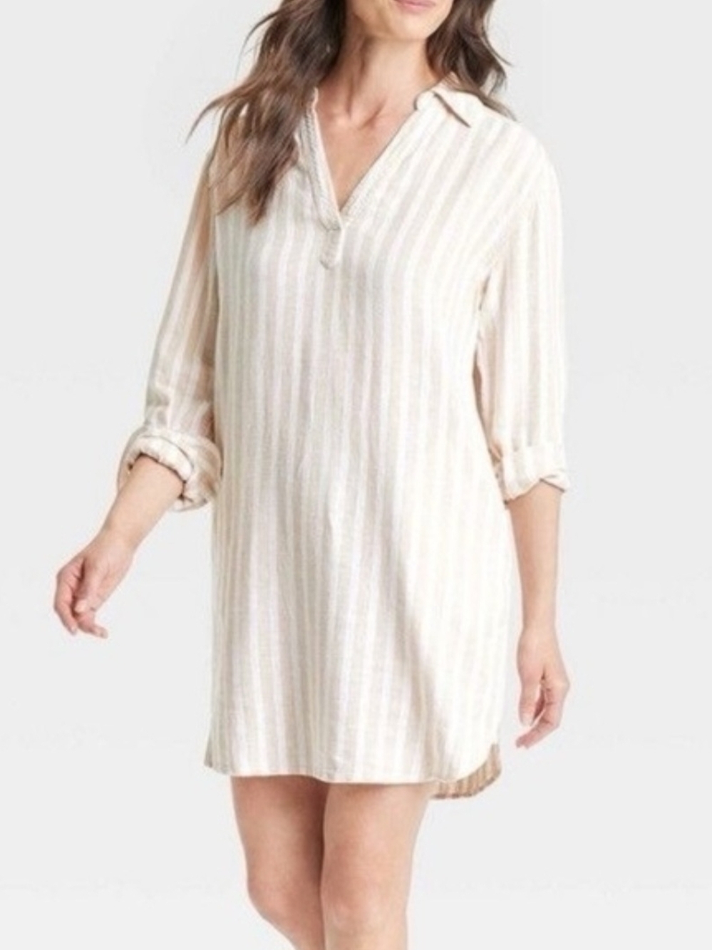 Universal Thread Linen Blend Cream And Tan Striped Swim Cover-Up Tunic